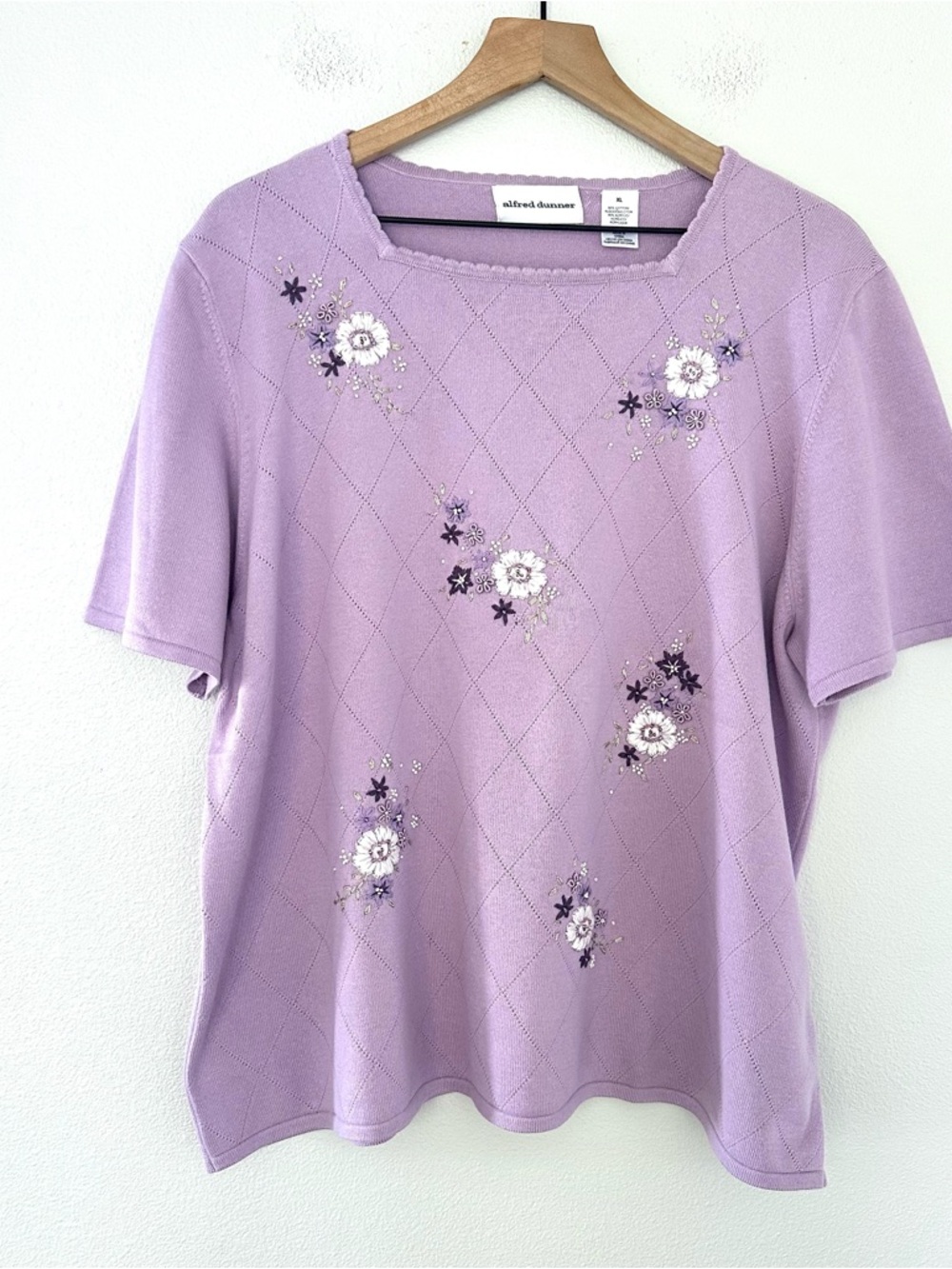Vintage Alfred Dunner Lavender Short Sleeve Knit Top Embroidery Floral XL Granny